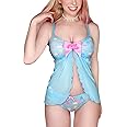 Littleforbig Women Nightwear Lace Babydoll Strap Chemise Halter Lingerie V Neck Sleepwear - Usagi Moon Teddy Friends
