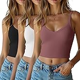 3 Pack Women's Spaghetti Strap Crop Top Ribbed Knit Basic V Neck Tank Top Cami Shirts