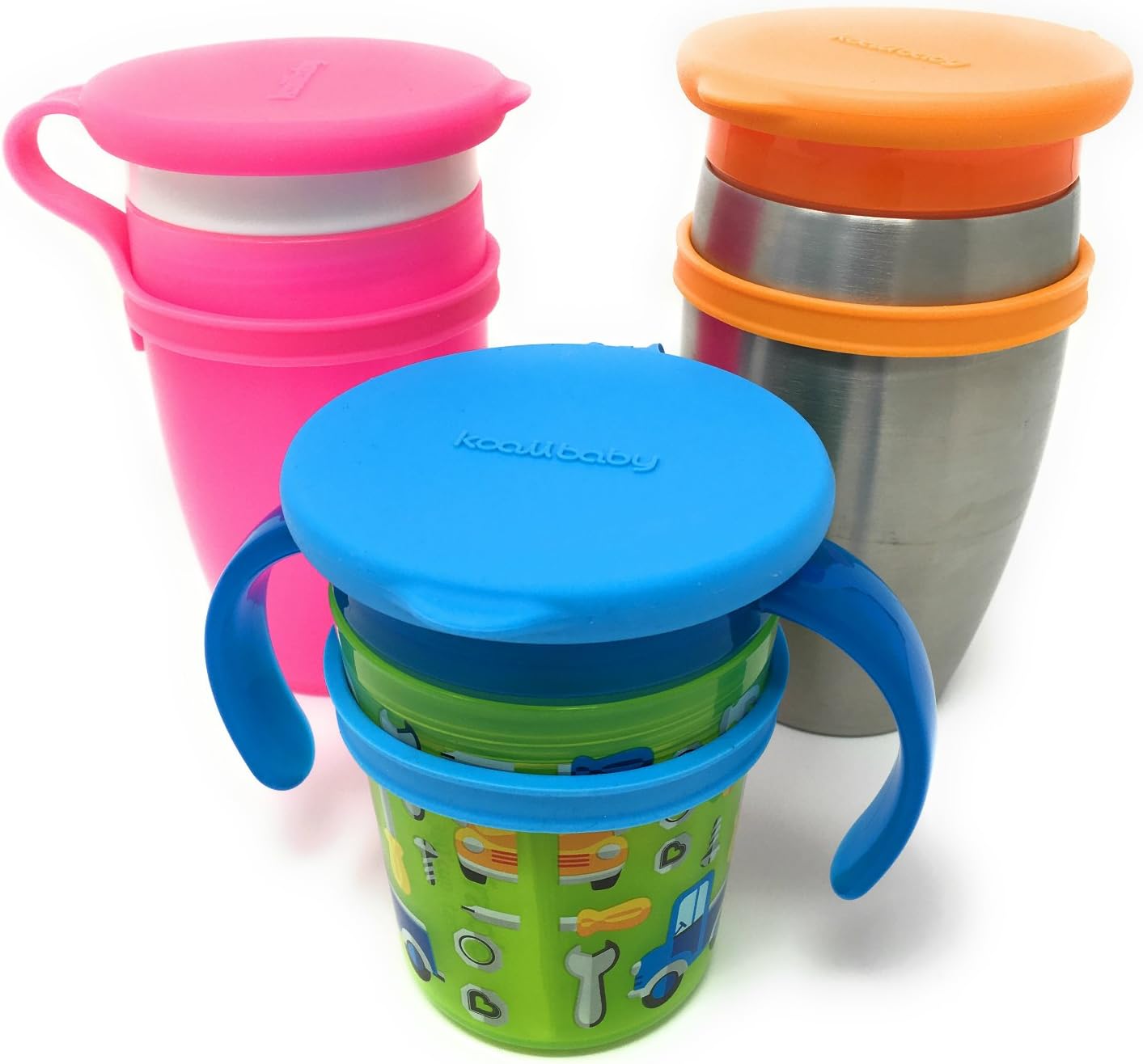 Custom Replacement Silicone Lids Compatible For All Munchkin Miracle 360 Cups. More Color Combination Available. Set Of Three In Pink, Blue & Orange.