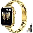 MioHHR Slim Metal Band Compatible with Apple Watch Band 49mm 46mm 45mm 44mm 42mm（Series 3/2/1）,Dressy Stainless Steel Chain Strap for Women iWatch Bands Series 10 9 8 7 6 5 4 SE Ultra 2 1,Gold