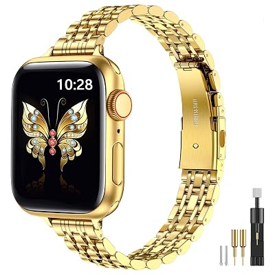 MioHHR Slim Metal Band Compatible with Apple Watch Band 42mm(Series 11 10) 41mm(Series 9 8 7) 40mm(Series 6 5 4 SE3/2/1) 38mm(Series 3 2 1),Stainless Steel iWatch Bands for Women,Gold