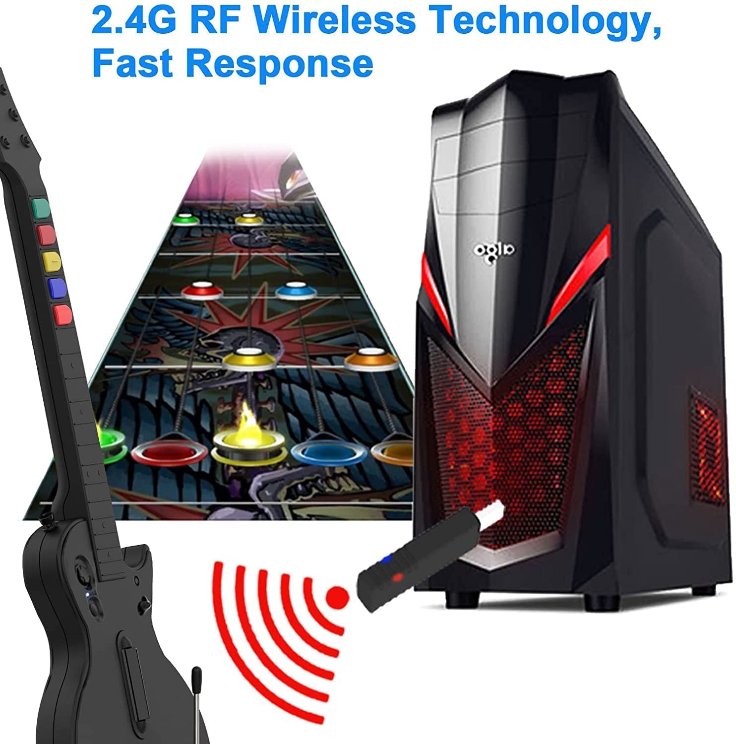 NBCP PC Guitar Hero Controller, Wireless Guitars with Dongle for PC and PS3, Compatible with Rock Band, Clone Hero, Black