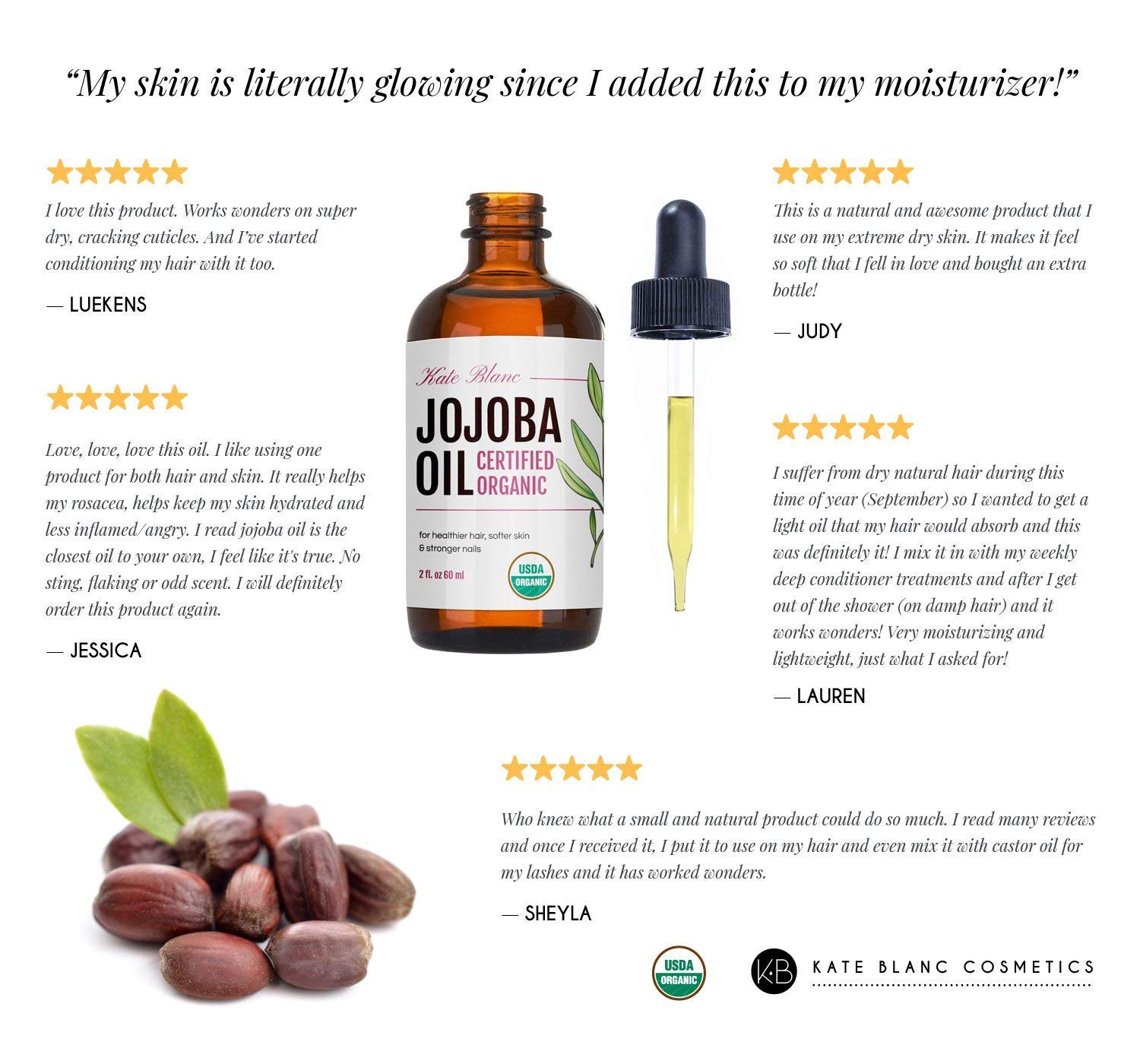 Jojoba Oil, USDA Certified Organic, 100% Pure, Cold Pressed, Unrefined. Revitalizes Hair & Gives Skin a Radiant Youthful Look. Effective Treatment for Face, Lips, Cuticles, Stretch Marks. (4 oz): Beauty