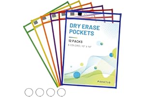 PSEUTIO 12 Packs Dry Erase Pockets Reusable Dry Erase Pocket Sleeves 10 * 14 Inches Heavy Duty Clear Plastic Sheet Protectors with Rings for Teacher School Classroom Supplies