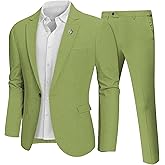 Hihawk Men 2 Piece Regular Fit Linen Suit, Casual Blazer Pants Set, Lightweight Jacket Trouser for Wedding Prom