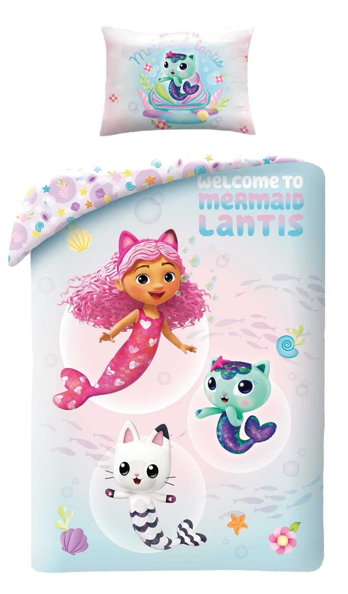 Halantex Gabby's DOLLHOUSE Mermaid Doll's House - Welcome to Mermaid Landis - Children's Bed Set 100 x 135 cm, 100% Cotton Oeko-Tex - Multicoloured