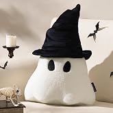 Phantoscope Happy Halloween Ghost Shaped Throw Pillow with Witch Hat, 3D Hippie Halloween Ghost Pillow, Soft Faux Rabbit Fur Spooky Shaped Pillow for Couch, White, 19 x 14 inch
