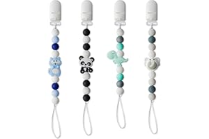 9TILIGHT 4Pcs Silicone Pacifier Clip for Babies Infant Animal Teething Panda Dinosaur Elephant Raccoon Soothie Toy Teethers Clips for Baby Shower Birthday Keepsake Christmas New Year Gift