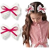 LMYMHMLM 2pcs Lace Hair Bows for Girls, White Lace with Hot Pink Hair Ribbons, Alligator Bow Hair Clips, Handmade Hair Accessories for Girls