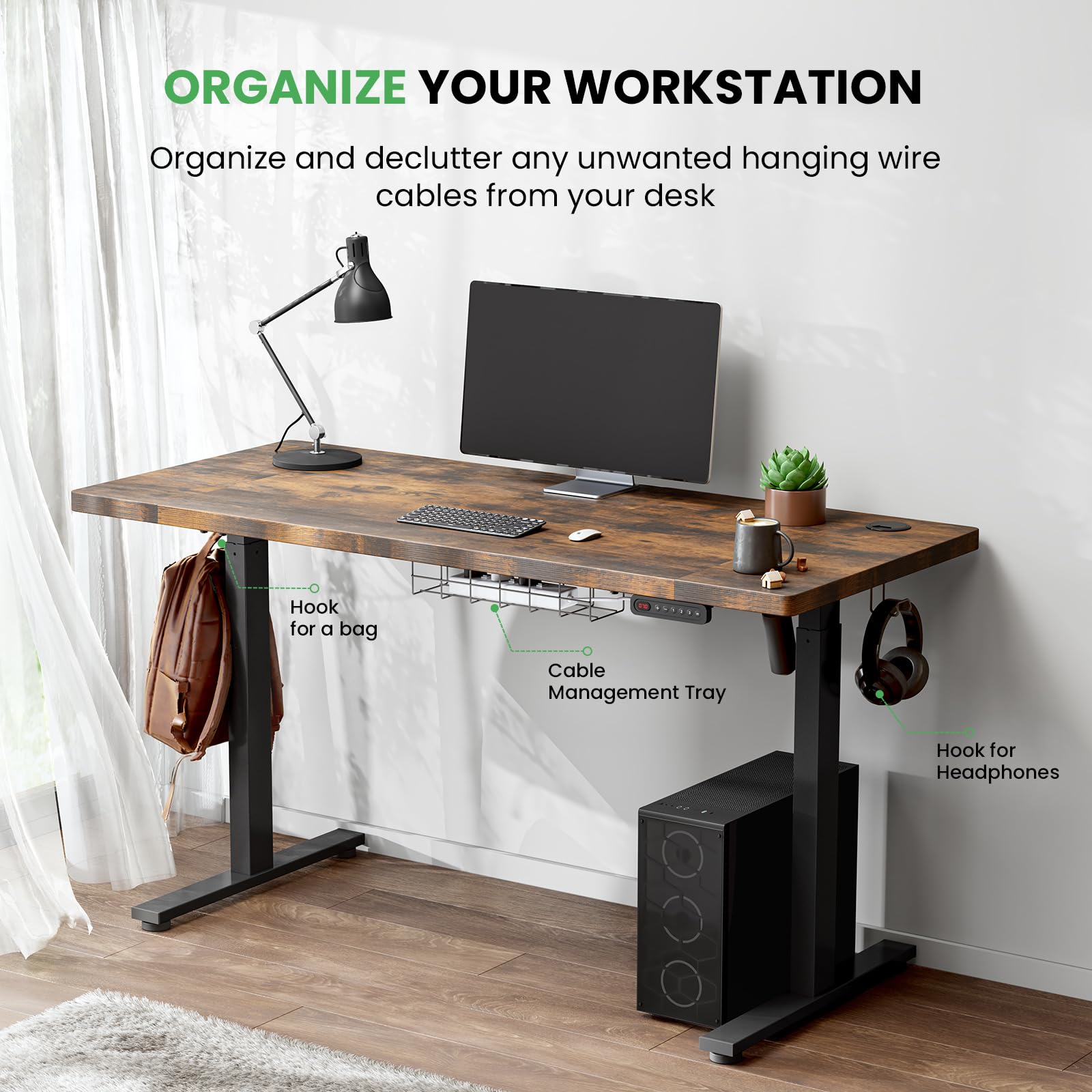 SIAGO Electric Standing Desk Adjustable - 48 x 24 Inch Sit Stand up Desk with Cable Management - 3 Memory Preset Adjustable Height Table