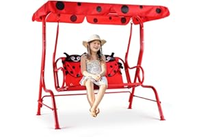 GENERIC Fireflowery Kids Patio Swing, 2 Seater Outdoor Hanging Swing Bench w/Removable Canopy & Safety Belt, Porch Swing Lounge for Patio Garden Balcony Yard (Red Beetle)