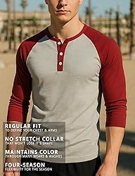 H2H Men's Casual Henley Raglan Baseball Jersey Knit