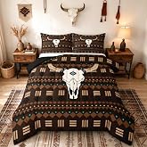 Erosebridal Bull Skull Queen Size Bedding Set, Boho Aztec Comforter Set | for Boys Men Bedroom Decor, Western Cowboy Down Comforter, Native Ethnic Horns Duvet Insert with 2 Pillow Cases, Brown