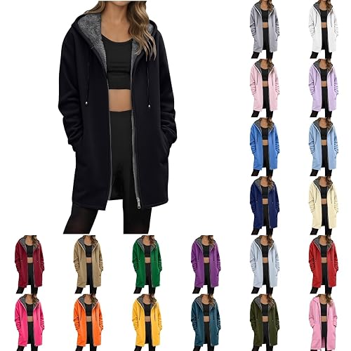 Women's Coats Womens Coats Winter Jackets for Women UK Solid Color Full Zip Up Fleece Jacket Ladies Longline Casual Long Sleeve Coat Loose Plus Size Outwear Hoody with Pockets