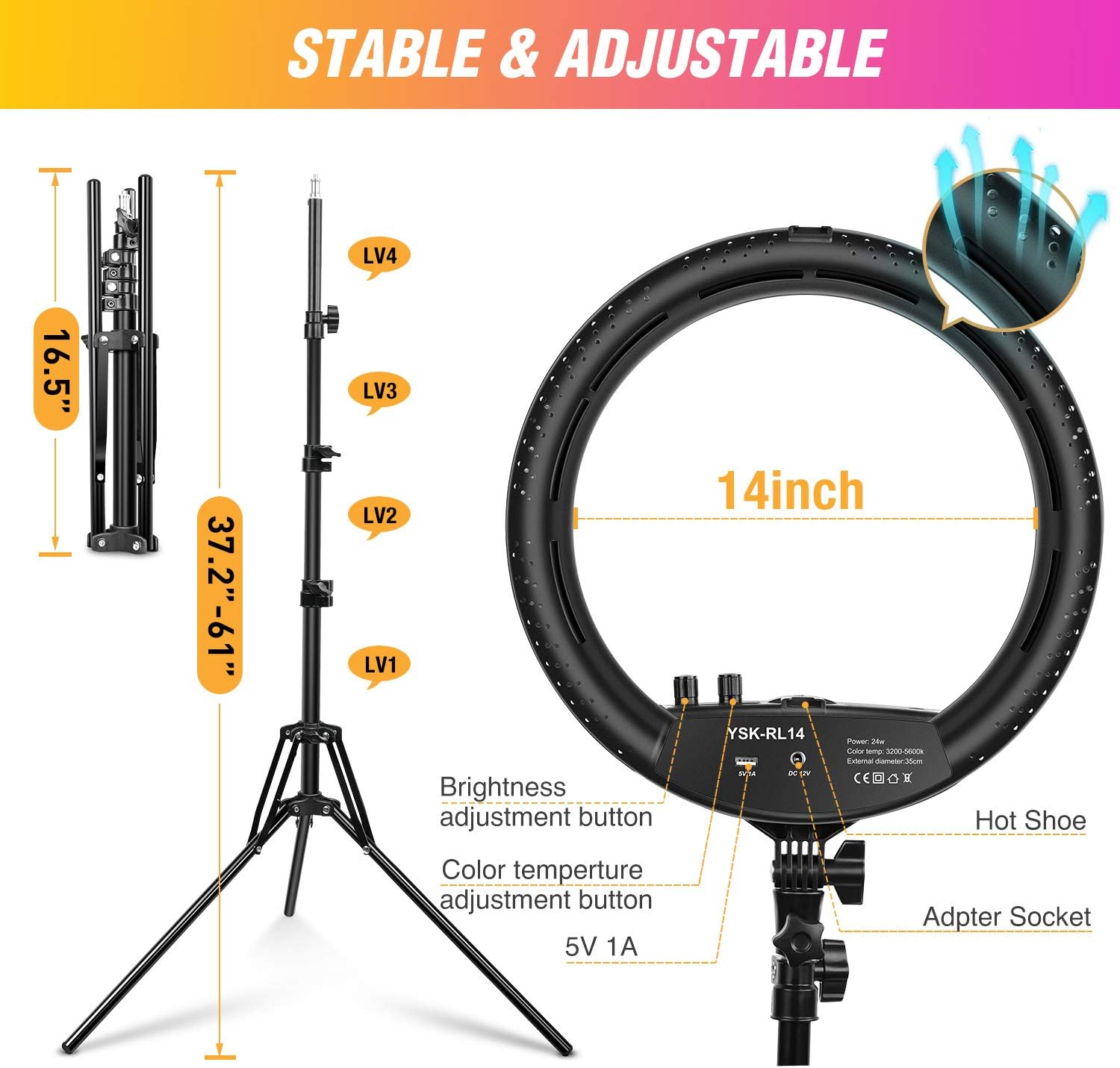 Ring Light with Tripod Stand Yesker 14 Inch LED Ringlight Kit with Phone Holder Adjustable Color Temperature Tiktok Circle Lighting for iPhone Camera for Vlog, Makeup, YouTube, Video Shooting : Camera & Photo