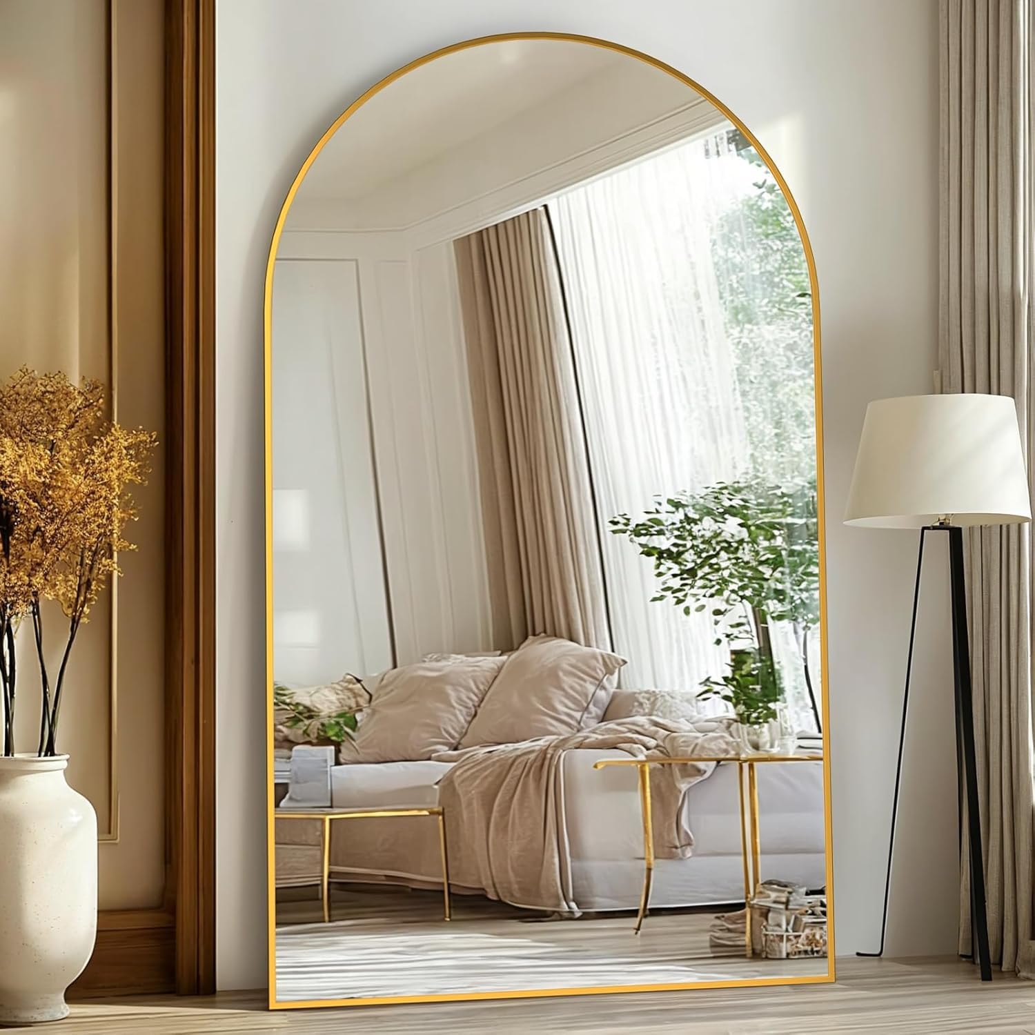 Photo 1 of LadyNow Full Length Mirror, 91"x46" Oversized Floor Mirror Freestanding, Full Body Floor Standing Mirrors with Stand, Hanging Mounted for Bedroom Living Room, Gold, Arched Style