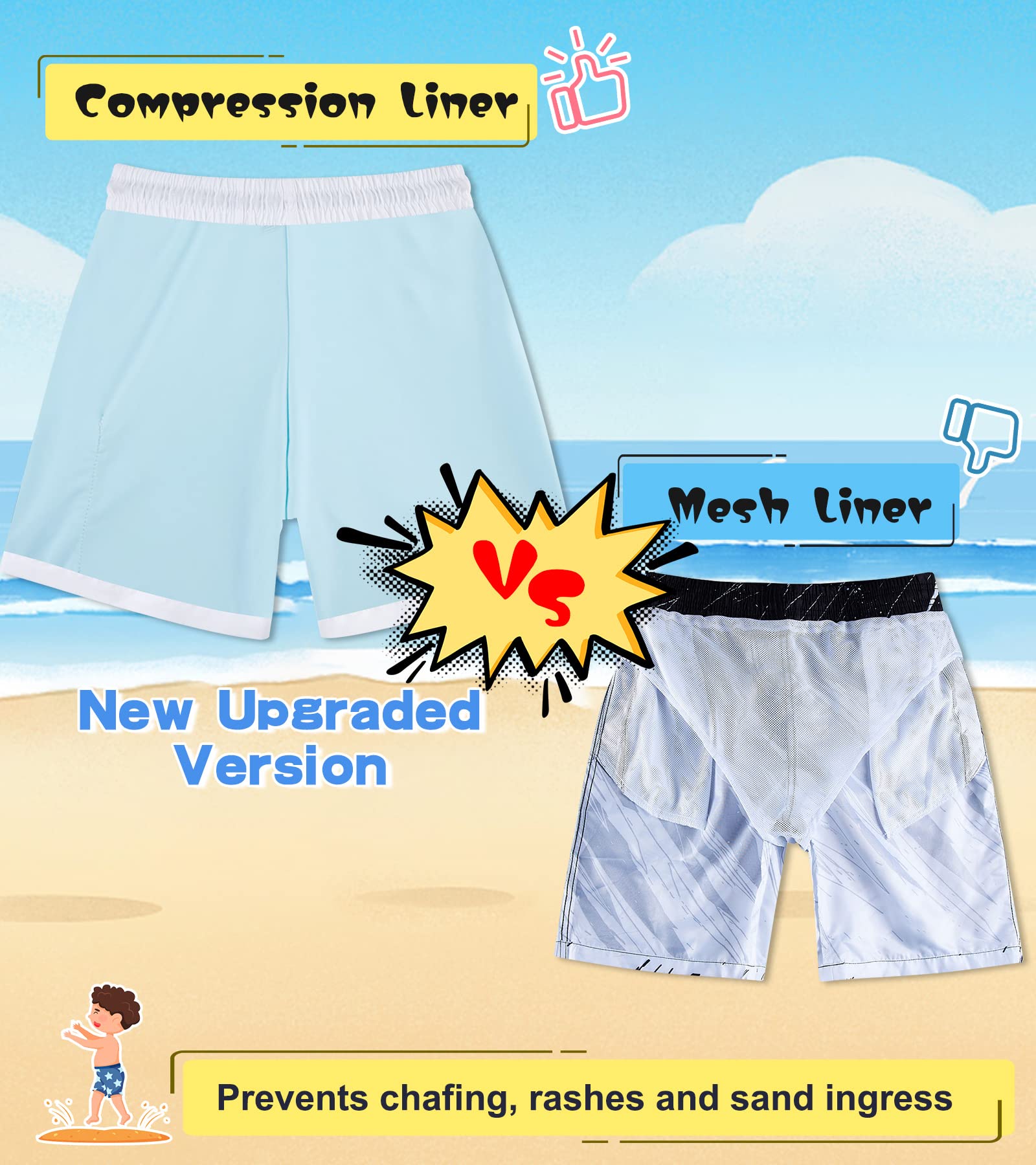 Belovecol Boys Swim Trunks with Compression Liner Anti-Chafe Swim Shorts Quick Dry UPF 50+ Bathing Suits Swimwear 7-20T