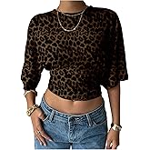 SweatyRocks Women's Leopard Print Cinched Waist Half Sleeve Crop Tops Crew Neck Ruched T Shirts Going Out Tee Tops