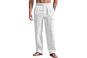 TAFLE Men's Linen Pants Casual Cargo Pants with Pockets Lightweight Elastic Waist Drawstring Pants Baggy Beach Pants