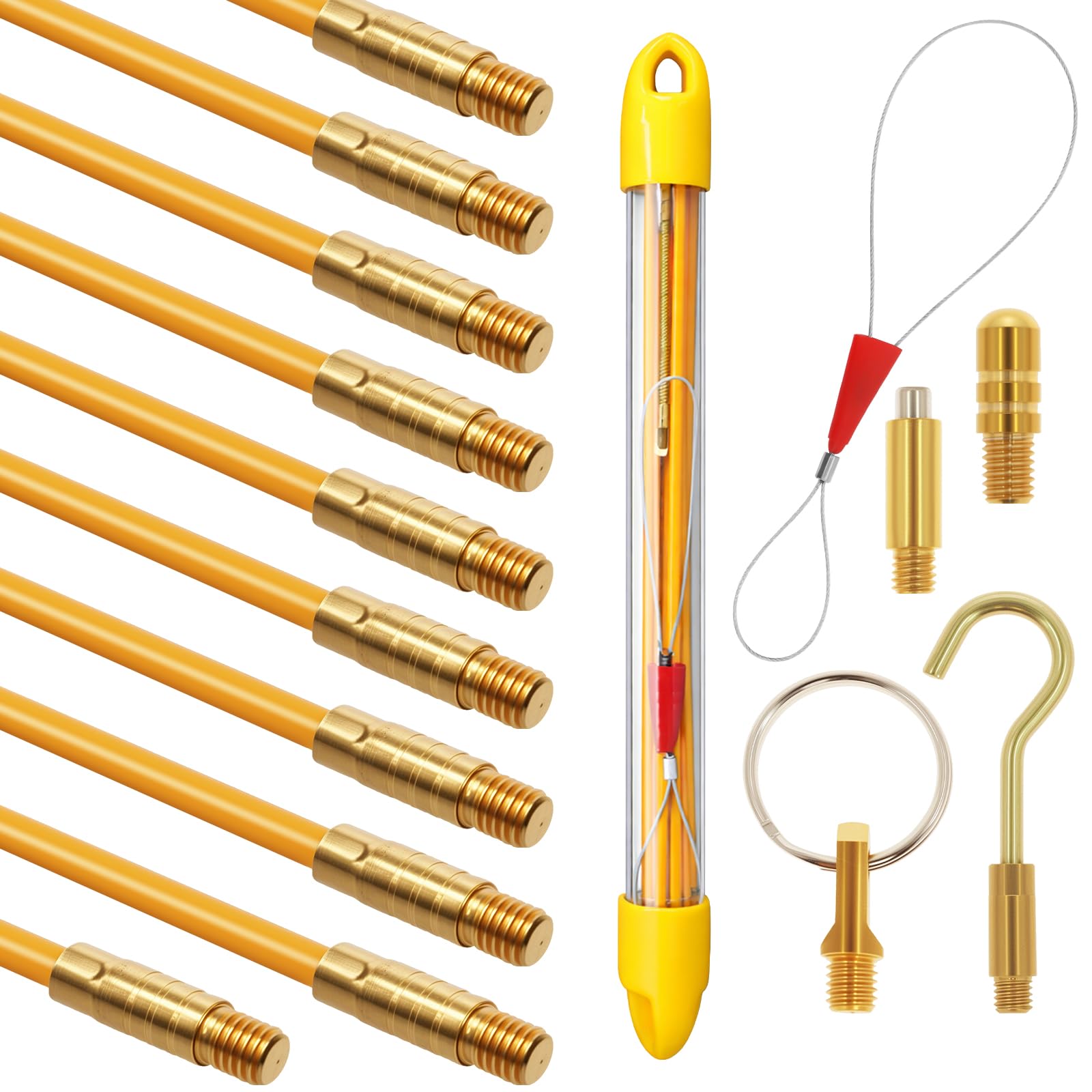 11ft(3.3m) Cable Rod, Fiberglass Fish Tank Kit Connectable Cable Puller Pull Push Electrical Wire Rods with Various Accessories by Poweka - (Yellow, 10Rods x 33cm)