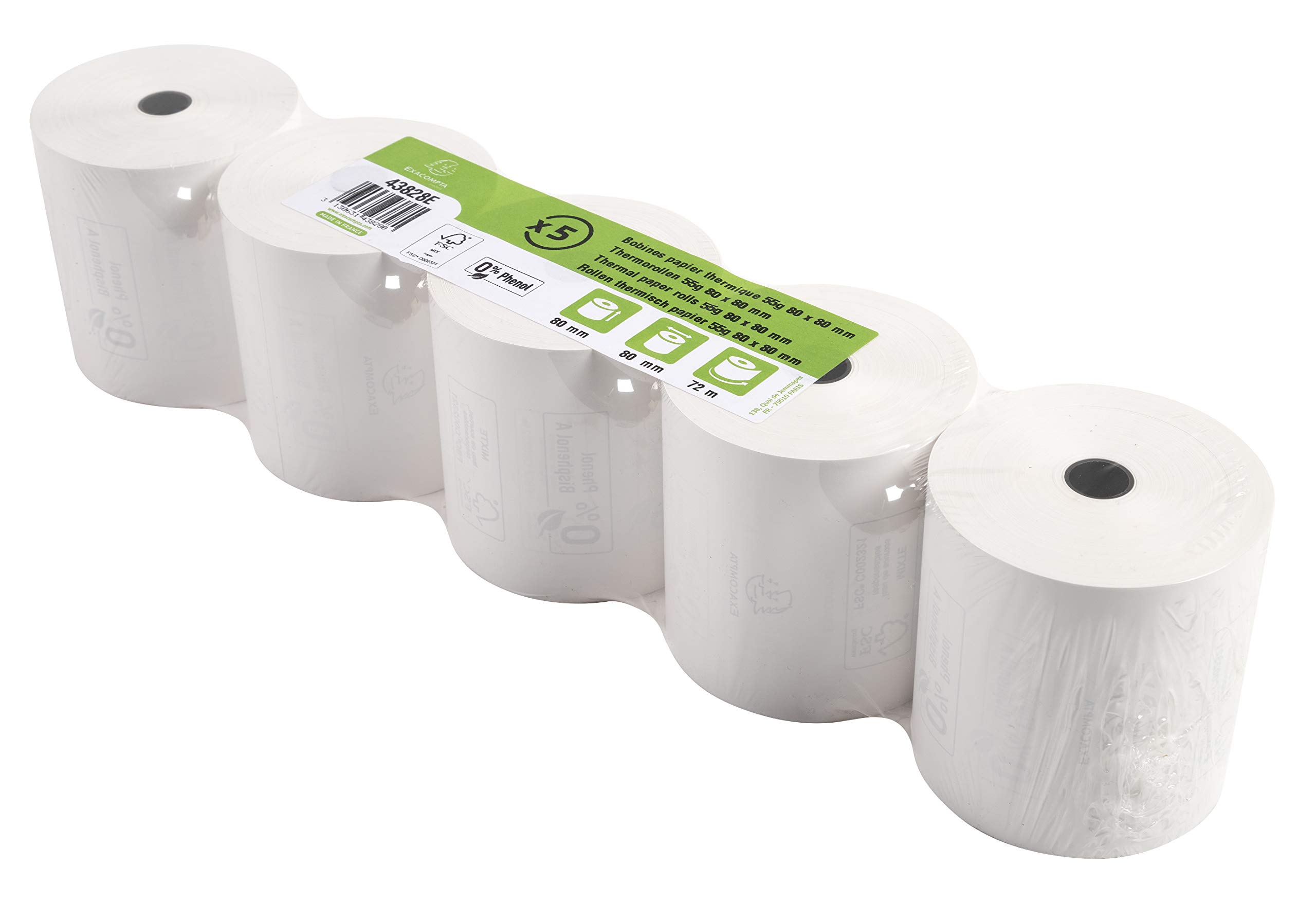 Exacompta - Ref. 43828E - 1 Reel for receipts 80x76mm - 72m - 1 thermal ply 55g/m2 without Phenol. - White