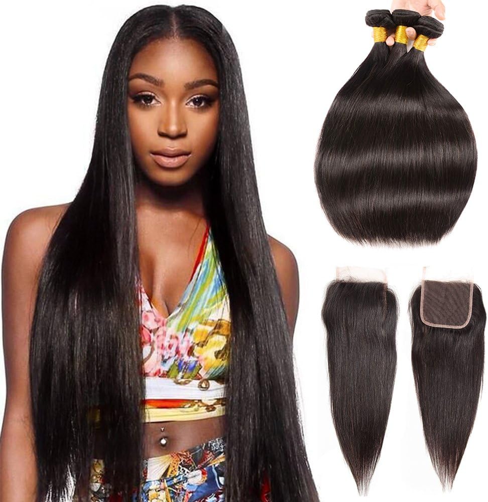 Huarisi Brazilian Hair 8a Straight 3 Bundles with Closure Free Part Human Hair 4X4 Lace Closure Straight Weave Short Virgin Hair Natural Color for Full Head 12 14 16 + 10 Inches