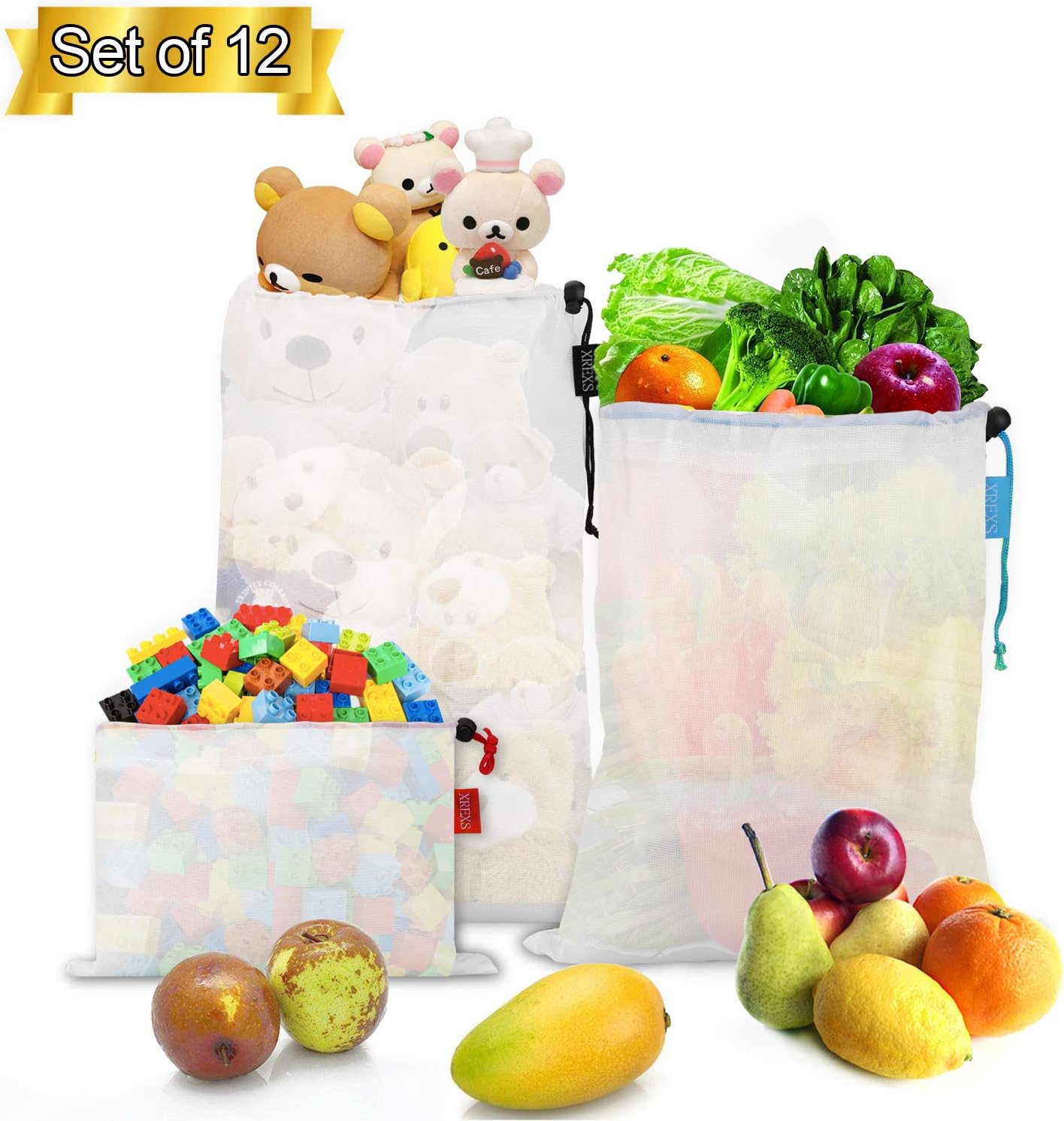 Reusable Mesh Produce Bags Washable - XREXS Set of 12 Eco Friendly Vegetable Storage Bags Keep Vegetables Fresh, Multi-Function Grocery Shopping Storage Bags (30 * 20cm, 35 * 30cm, 42 * 30cm)
