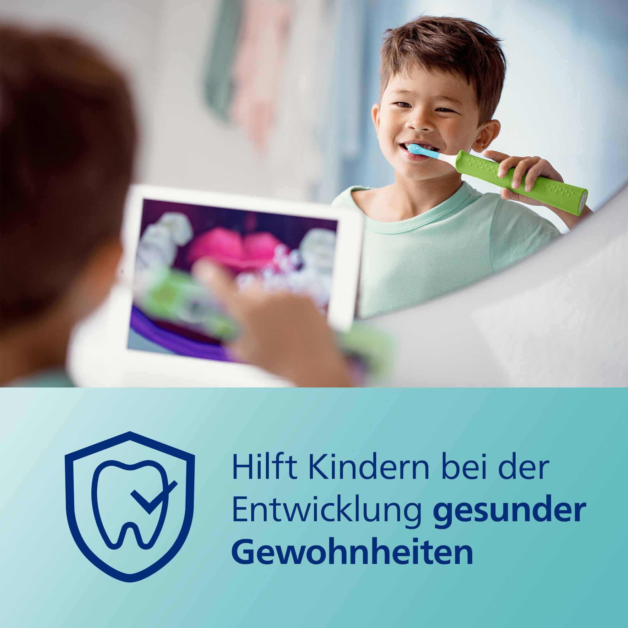 Philips Sonicare For Kids, elektrische Schallzahnbürste mit App, für Kinder ab 3 Jahren, mit SmarTimer und QuadPacer für eine gründliche Reinigung, Grün, Modell HX6352/11 5
