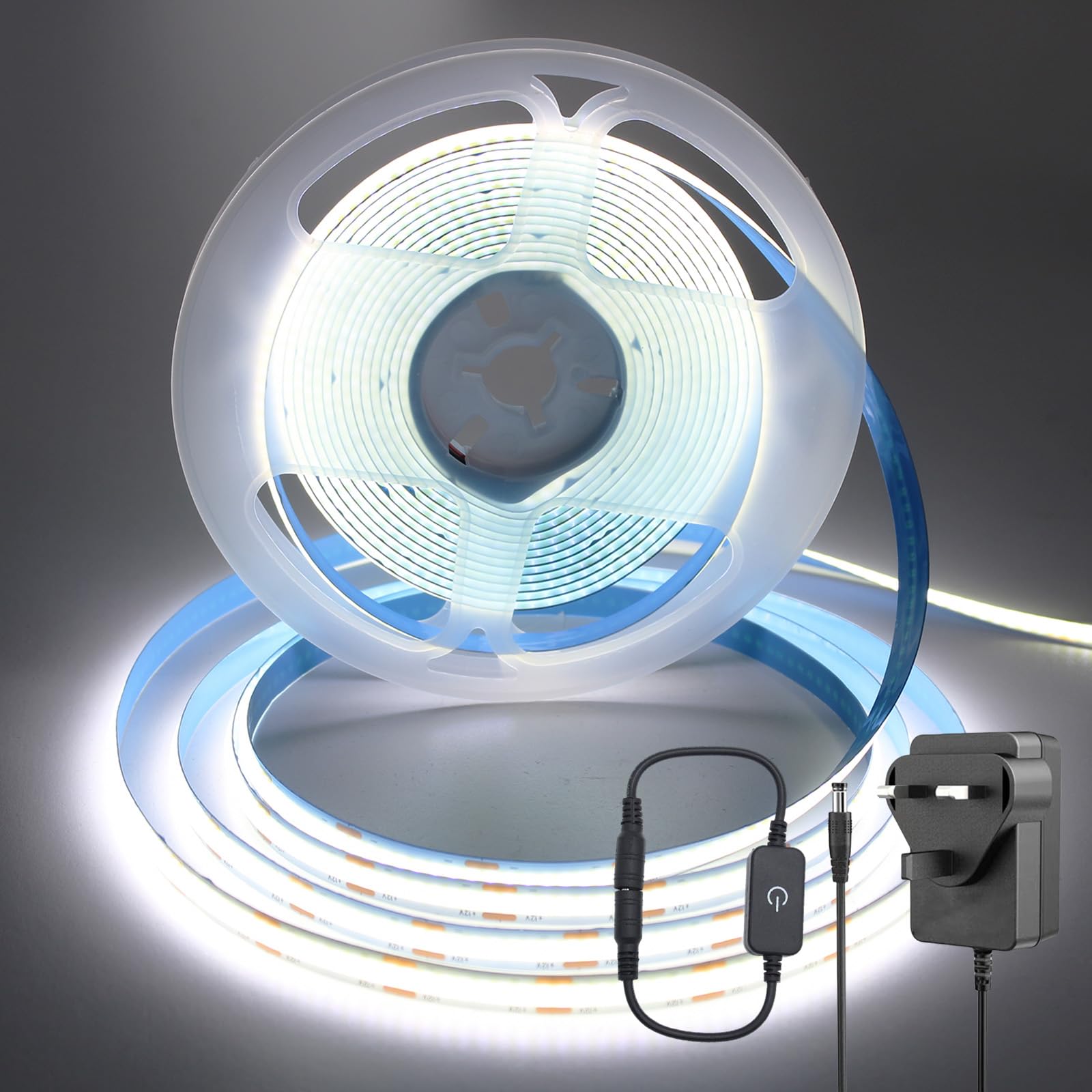 ShineBurky 5M COB LED Strip Lights, White 6000K High Bright Cuttable Tape Light with Plug, 12V CRI93+ Dimmable Flexible Light Kit for TV Backlight Bedroom Cabinet Kitchen Mirror Shop Bookcase Lighting