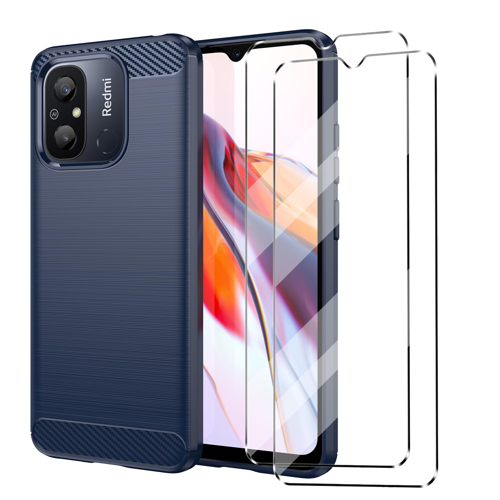 [3 in 1] Case Compatible with Redmi 12C Cover with 2 Pack Tempered Glass Screen Protector for Redmi 12C, Slim Fit Soft TPU Shockproof Anti-Scratch Phone Case Cover - Navy