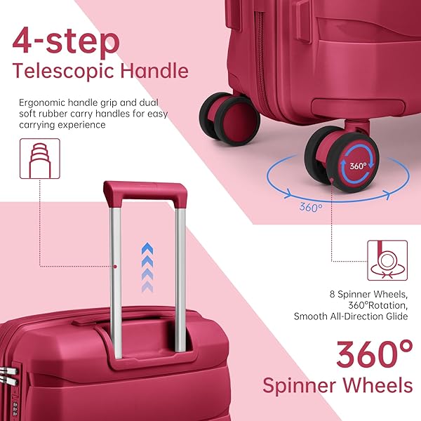 TRIPLAYER CARRY ON LUGGAGE 22X14X9 AIRLINE APPROVED, 22 INCH PP HARDSHELL LUGGAGE CARRY-ON SUITCASE WITH SPINNER WHEELS, CARRY ON SUITCASE SET FOR WOMEN(ROSE RED)