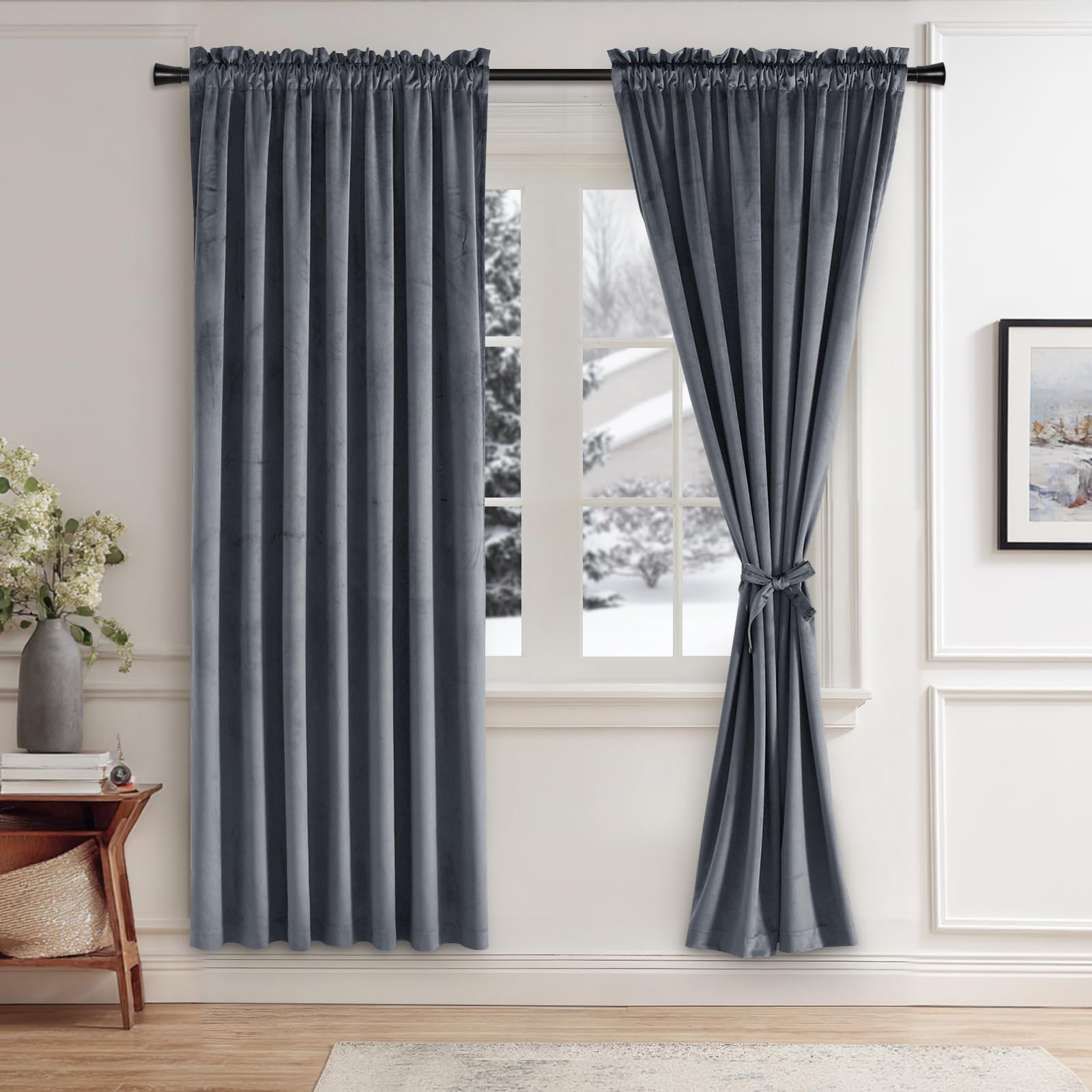 JIUZHEN Dark Grey Velvet Curtains 63 inches for Living Room - Privacy Protect Room Darkening Rod Pocket Thick Velvet Window Drapes for Bedroom/Dining Room, Set of 2 with Tiebacks, W42 x L63 inches Image