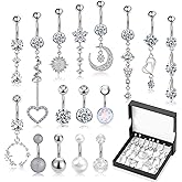 Lucomb 16 PCS 14G Dangle Belly Button Rings for Women, Stainless Steel Dangling Piercing Jewelry Belly Rings, Navel Rings Pack Cute Piercing Barbell Body Jewelry Gifts for Women