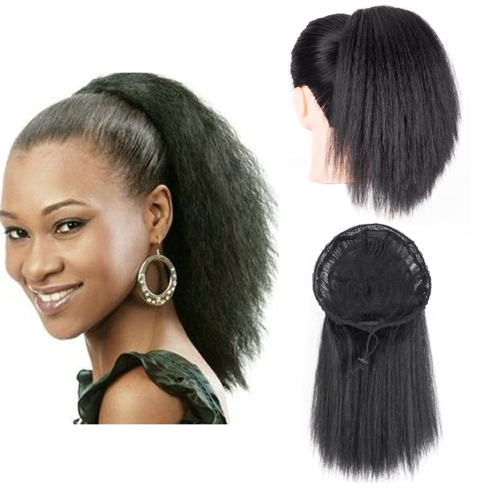 10inch Short Afro Kinky Straight Ponytail Wrap Around Yaki Straight Pony Tails Extensions Clip in Ponytail Extension Magic Paste Ponytail for Black Women Girls (Natual Black)