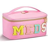 Geetery Clear Makeup Bag Chenille Letter Meds Bag Travel Cases Preppy Patch with Zipper, Portable Cosmetic Toiletry Storage case for Women(Meds,Pink)