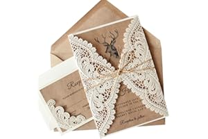 Picky Bride 50Pcs Vintage Lace Wedding Invitations with Blank RSVP Cards and Envelopes Elegant Wedding Cards Ribbon Bow - Set