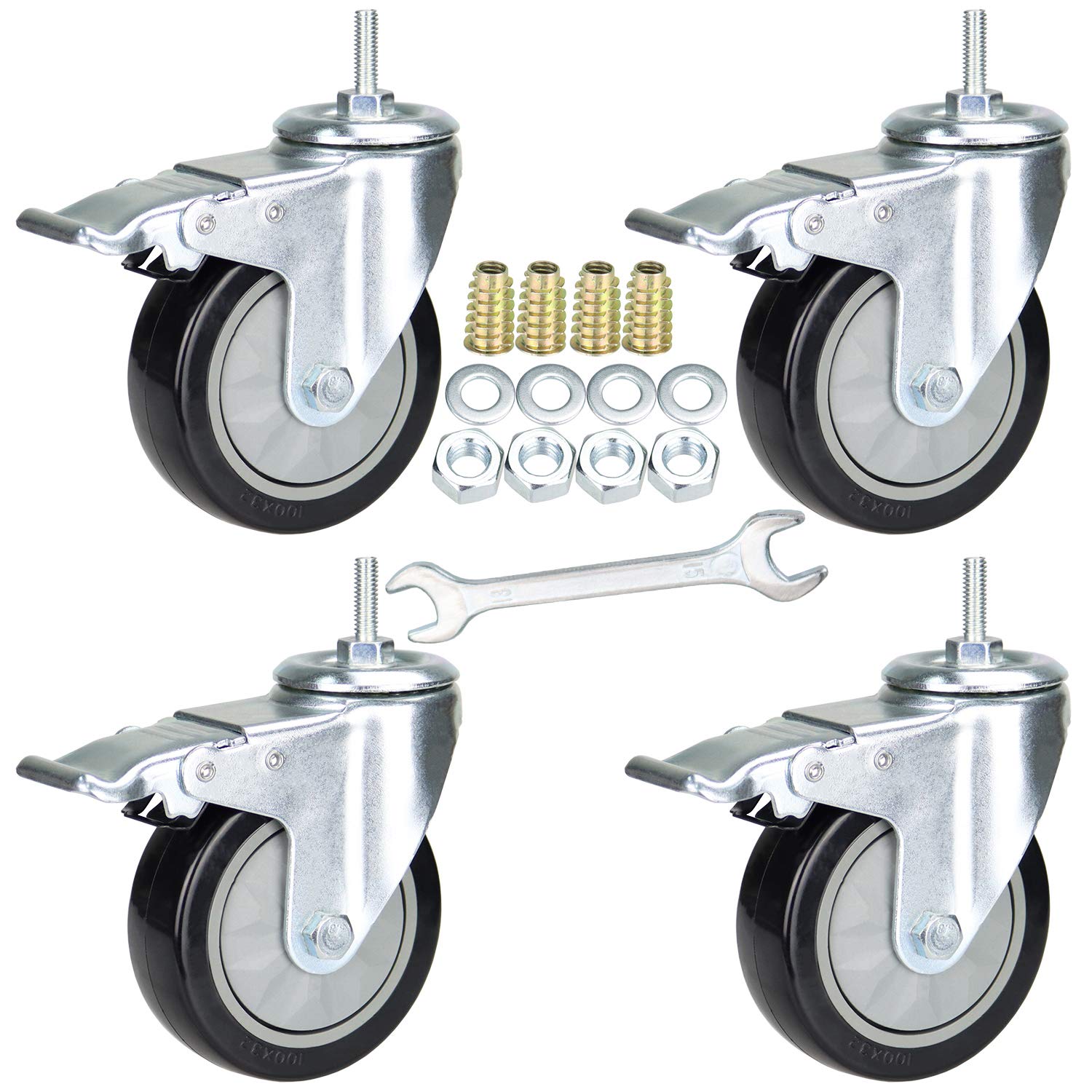 YEEMIGO 4 Inch Threaded Stem Mount Industrial Casters Unified National Coarse UNC 5/16"-18x1" Locking Metal Swivel Wheel Castors for Carts, Furniture, Dolly, Workbench, Trolley: Industrial & Scientific