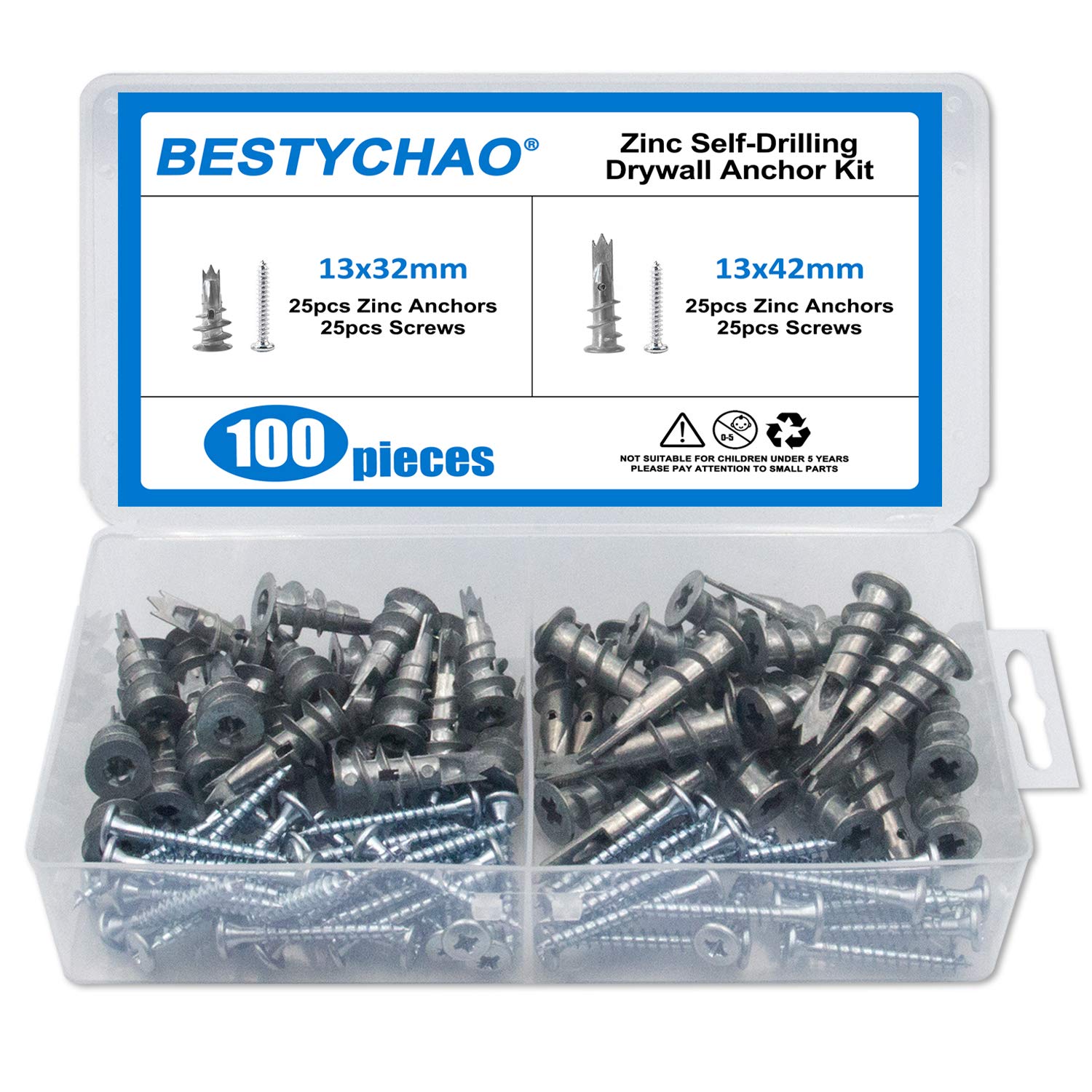 BESTYCHAO 100pcs 2 Sizes Zinc Drywall Anchors Self Drilling Hollow Wall Anchors with Screws Assortment Kit, Mental Self-Drill Anchors for Plasterboard Fixing