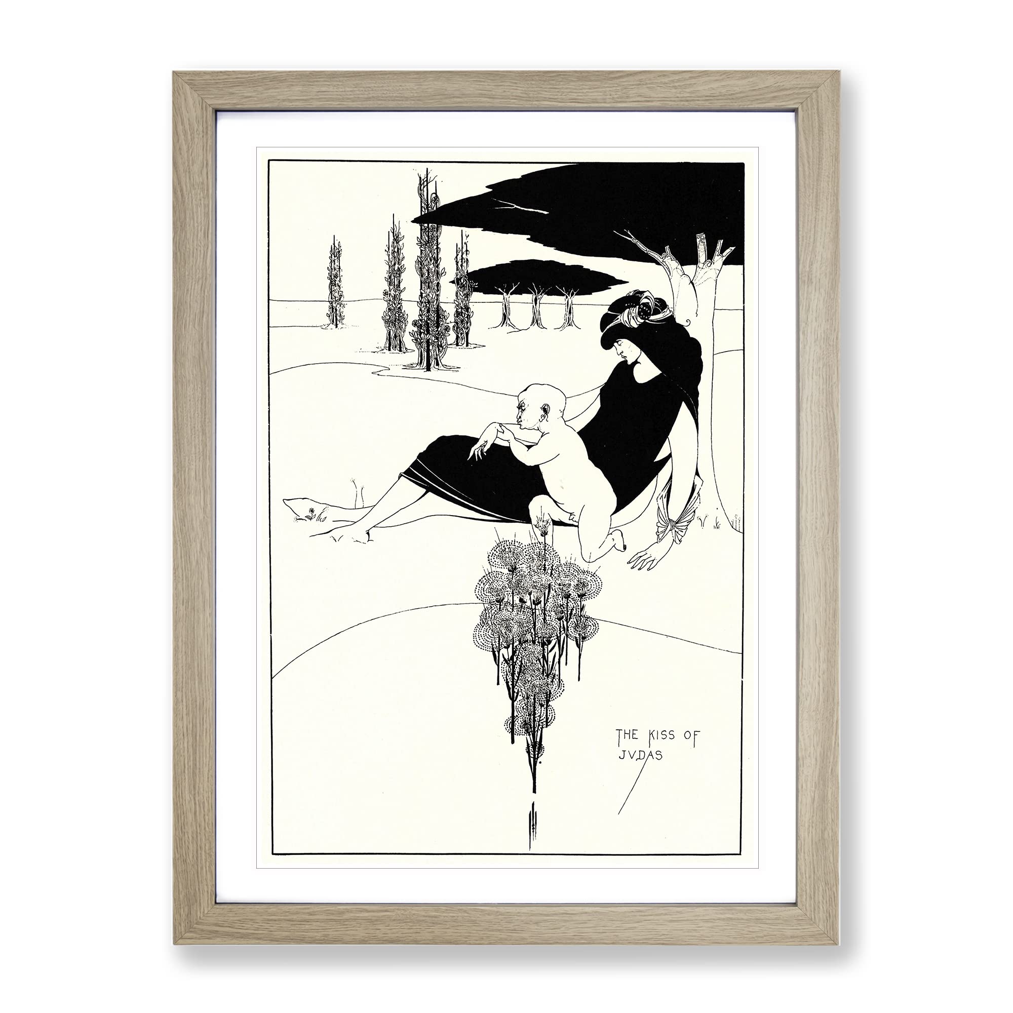 The Kiss Of Judas By Aubrey Beardsley Classic Painting Framed Wall Art Print, Ready to Hang Picture for Living Room Bedroom Home Office Décor, Oak A3 (34 x 46 cm)