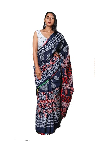 Blue Cotton Hand Block Printed Saree