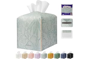 PARIERIS Tissue Box Holder Cover Square Tissue Cube Cover PU Leather Tissue Organizer with Bottom Belt for Bathroom, Tabletop, Kitchen, Night Stands, Office, Home, Car (1, Blue)