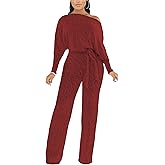 ZonJie Jumpsuits for Women Elegant Sexy Sparkly Sequin Off Shoulder Pants Long Sleeves Wide Leg Clubwear Rompers