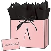 Linelglobal Pink Letter Gift Bag with Handles for Women 12.6" Anniversary Wedding Party Includes Envelope, Card, Wrapping Paper - Initial A