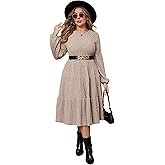 ShopWonder Women Plus Size Knit Sweater Dress Round Neck Long Sleeves Comfy Pullover Winter Midi Dress with Belt