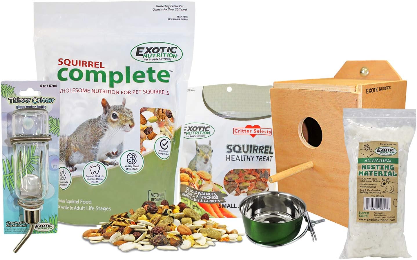 Exotic Nutrition Starter Package for Squirrels - Includes Healthy Food, Nest Box, Nesting Material, Natural Treat, Water Bottle & Food Dish