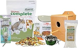 Exotic Nutrition Starter Package for Squirrels - Includes Healthy Food, Nest Box, Nesting Material, Natural Treat, Water Bottle & Food Dish