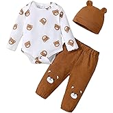 KIMI BEAR Baby Boy Clothes Infant Newborn Fall Winter Outfits Long Sleeve Letter Print Romper + Hat + Pants Set