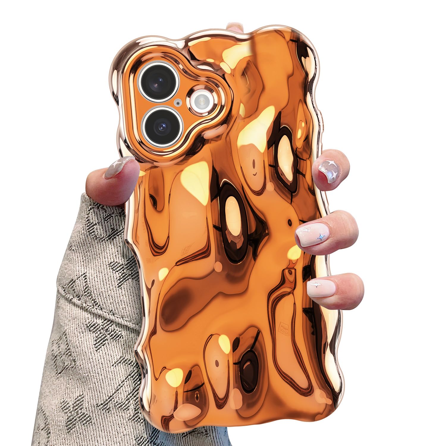 UEEBAI Ripple Case for iPhone 17, Cute Silver Cover Wave Shape for iPhone Case Pretty Aesthetic 3D Phone Cover, Water Ripple Shell 3D Chrome Design for Women and Girl, Silver Orange