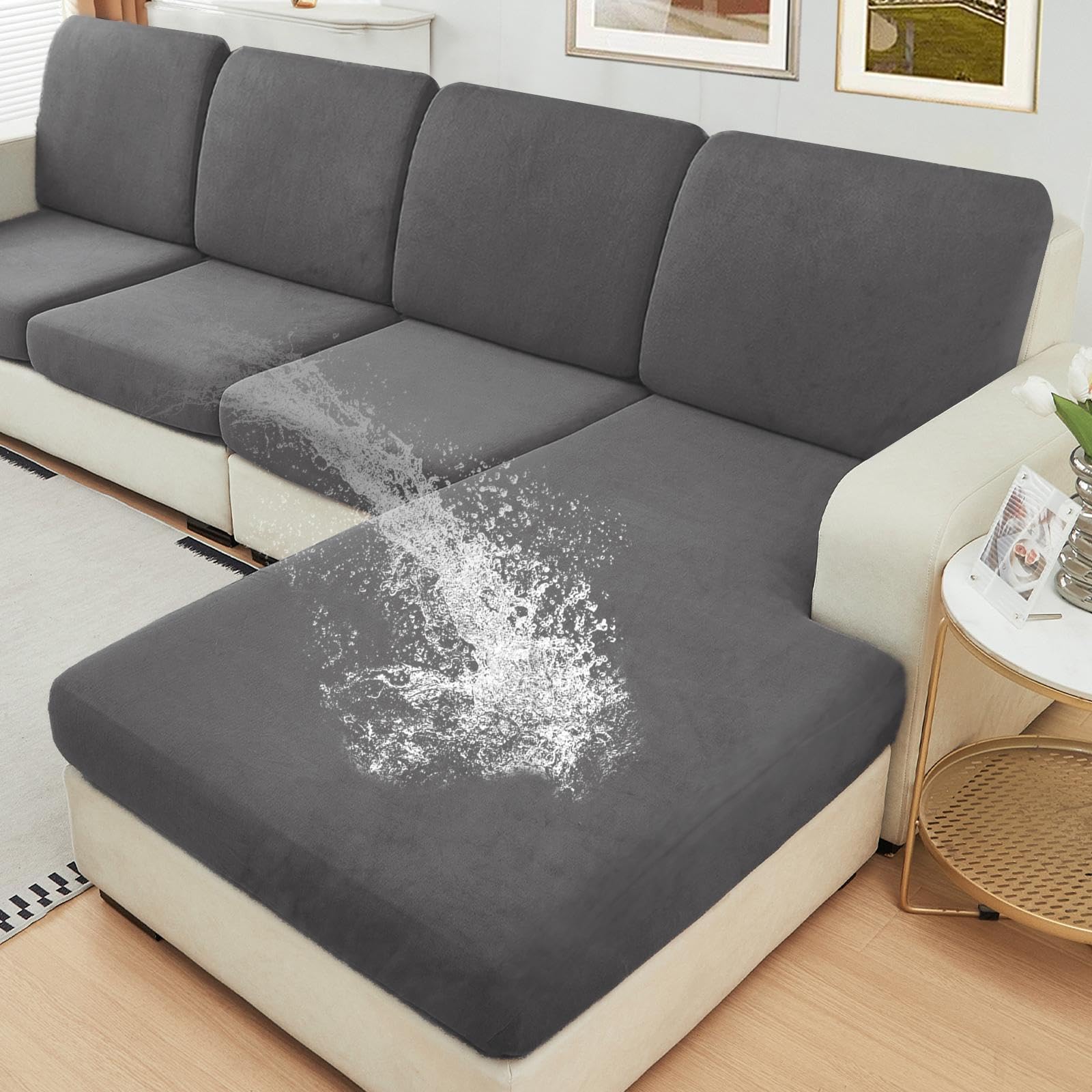 Photo 1 of ***INCOMPLEET SET**** NAISI Waterproof Couch Cushion Covers Thick Velvet Fabric Washable Sofa Slipcovers Sectional Couch Covers for 4 Pieces Separate L Shape Couch Cover with Elastic Bottom(3 Seater + 1 Chaise,Grey)
