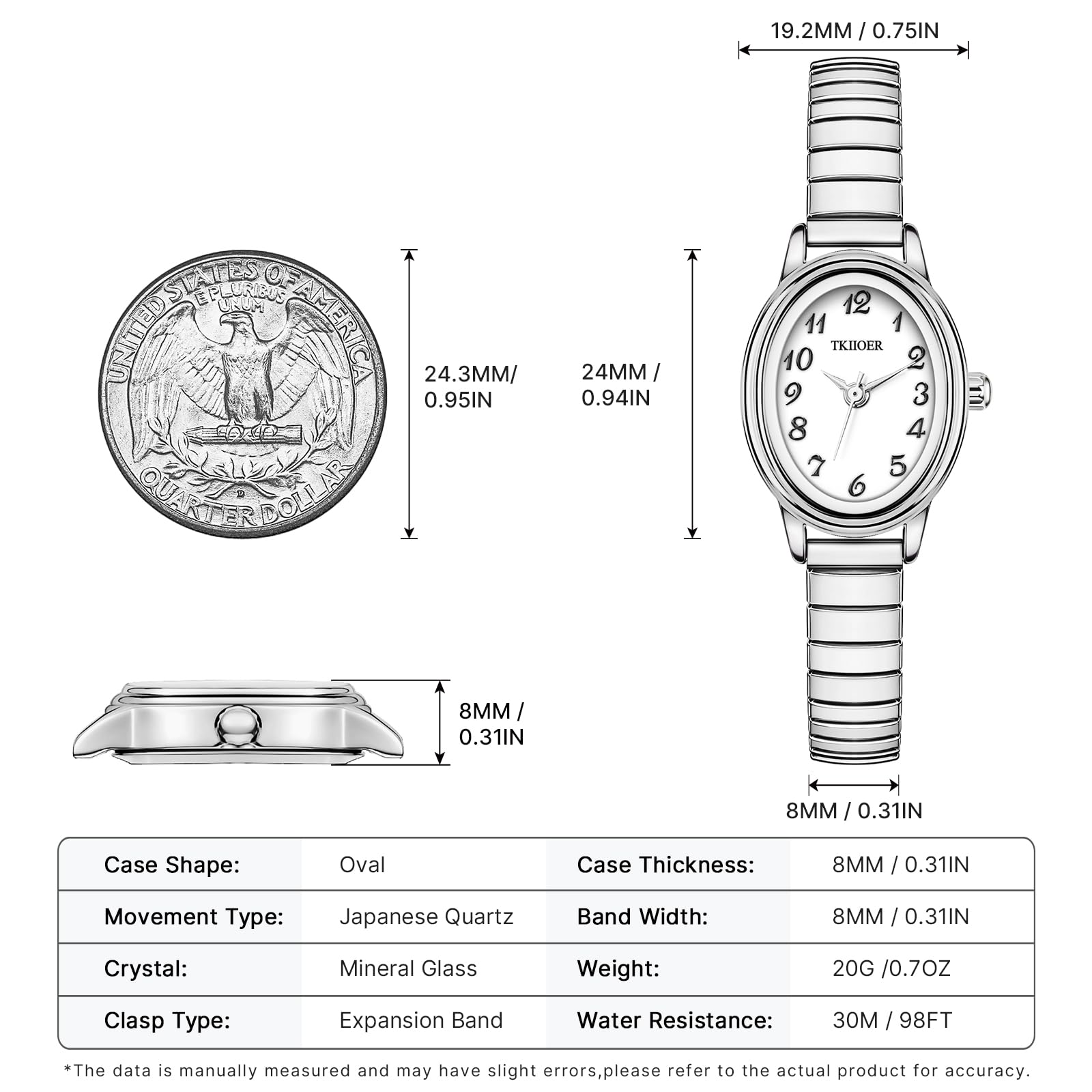 TKIIOER Small Gold Watches for Women, Easy to Read Ladies Analog Watch, 30M Waterproof, Luminous Dial, Stainless Steel Stretch Expansion Strap